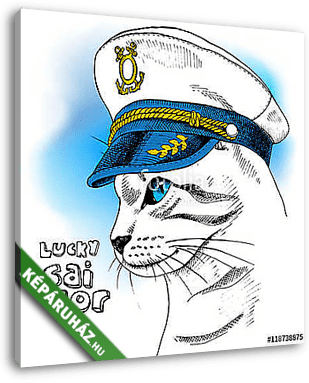 Portrait of a cat in sailor's cap on blue background. Vector ill - vászonkép 3D látványterv