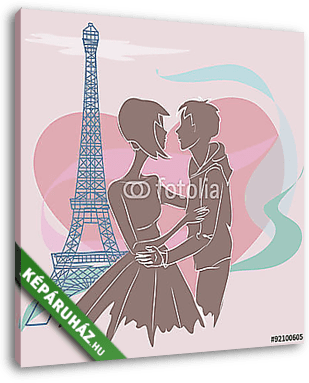 Édes pár Párizsban az Eiffel-torony közelében. Nagy szív backgro - vászonkép 3D látványterv