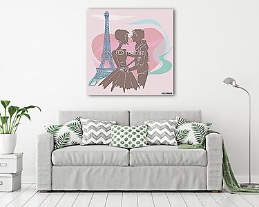 Édes pár Párizsban az Eiffel-torony közelében. Nagy szív backgro (vászonkép) - vászonkép, falikép otthonra és irodába
