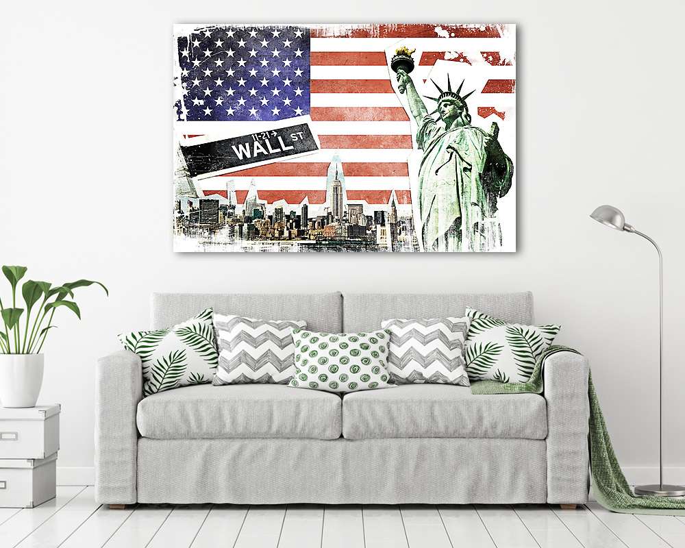 New York City vintage kollázs, amerikai zászló háttér (bögre) - vászonkép, falikép otthonra és irodába