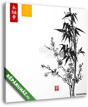 Bambusz és sakura virágokban fehér alapon. Hagyományos Ja - vászonkép 3D látványterv