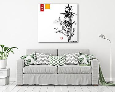 Bambusz és sakura virágokban fehér alapon. Hagyományos Ja (vászonkép) - vászonkép, falikép otthonra és irodába
