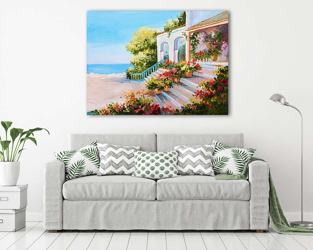 Virágos terasz a tengernél (olajfestmény reprodukció) - vászonkép, falikép vásárlás Virágos terasz a tengernél (olajfestmény reprodukció) (keretezett kép) - vászonkép, falikép otthonra és irodába