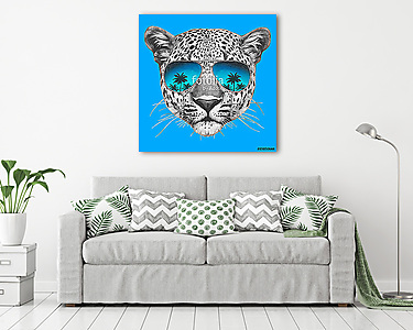 Hand drawn portrait of Leopard with mirror sunglasses. Vector is (vászonkép) - vászonkép, falikép otthonra és irodába