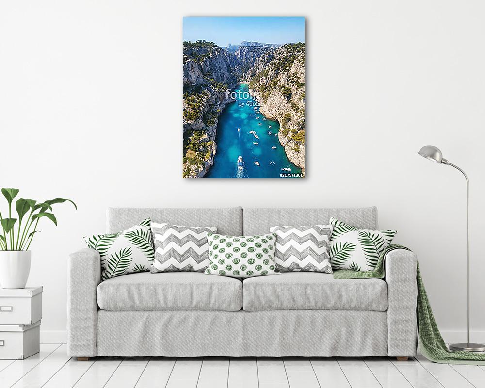 Yachts at the sea in France. Aerial view of luxury floating boat on transparent turquoise water at sunny day. Summer seascape fr - vászonkép, falikép vásárlás Yachts at the sea in France. Aerial view of luxury floating boat on transparent turquoise water at sunny day. Summer seascape fr (fotótapéta) - vászonkép, falikép otthonra és irodába