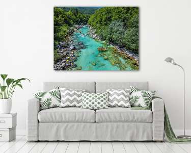 Soca folyó Szlovéniában vadvizi evezősökkel (rafting) (vászonkép) - vászonkép, falikép otthonra és irodába