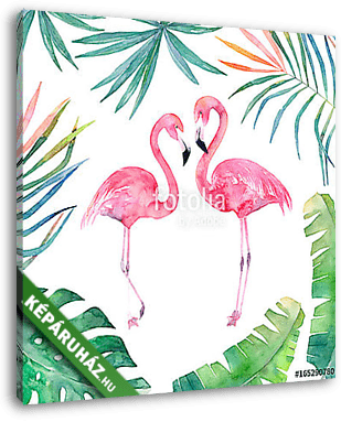 Két flamingóval trópusi levelek - vászonkép 3D látványterv