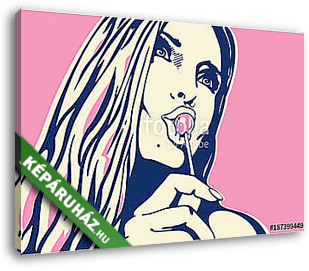 woman licking lollipop pop art style banner - vászonkép 3D látványterv