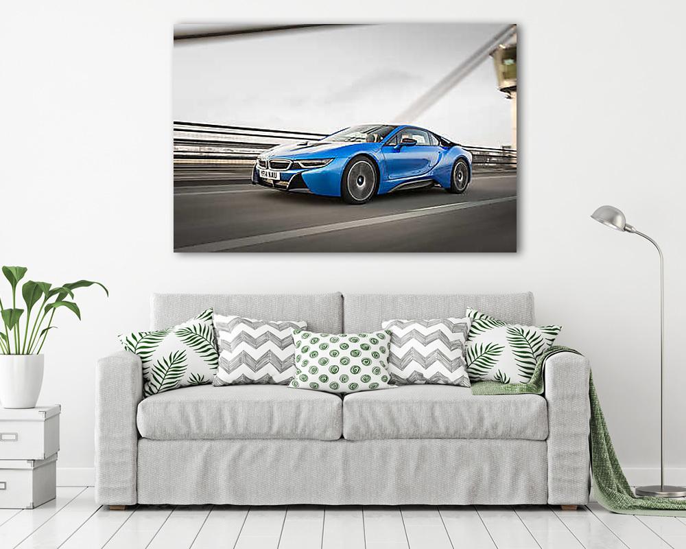 BMW i8 Blue Bridge (fotótapéta) - vászonkép, falikép otthonra és irodába
