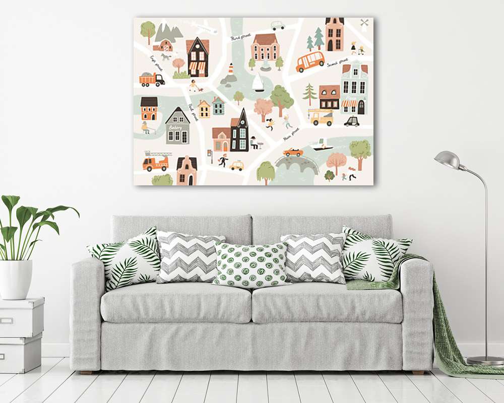 Kisváros házakkal fákkal (többrészes kép) - vászonkép, falikép otthonra és irodába