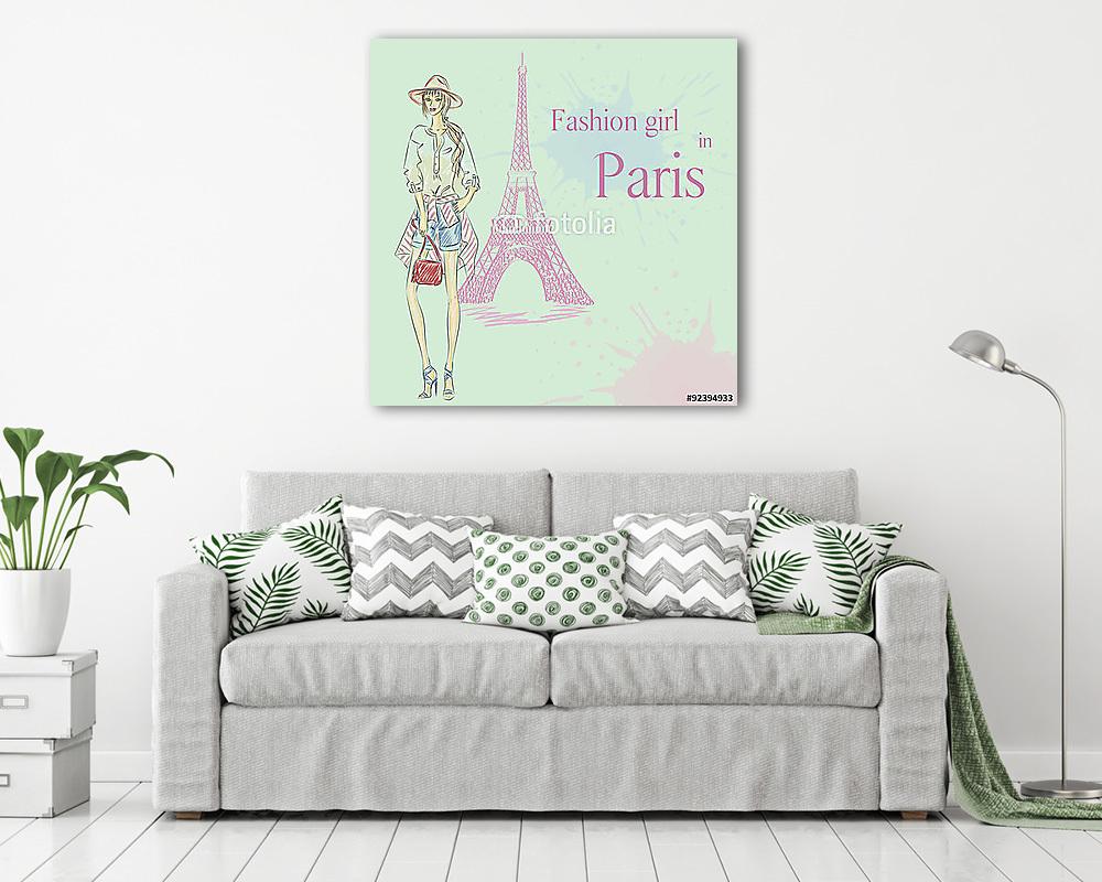 Paris Fashion lány az Eiffel-torony közelében (fotótapéta) - vászonkép, falikép otthonra és irodába