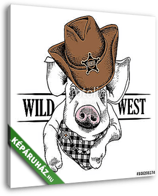 The image of portrait of the pig in a cowboy hat and cravat. Vec - vászonkép 3D látványterv