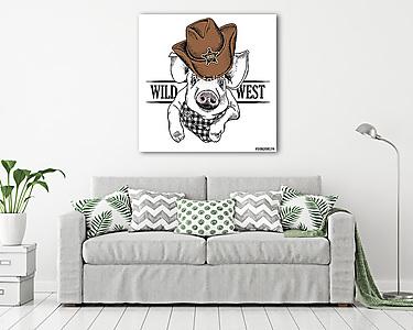 The image of portrait of the pig in a cowboy hat and cravat. Vec (vászonkép) - vászonkép, falikép otthonra és irodába