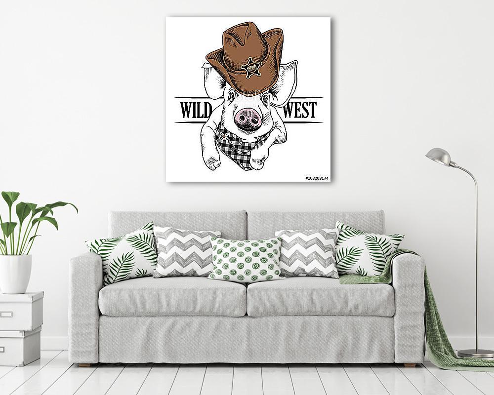 The image of portrait of the pig in a cowboy hat and cravat. Vec (vászonkép) - vászonkép, falikép otthonra és irodába