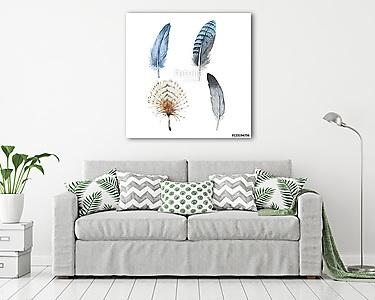 Watercolor bird feather from wing isolated. Aquarelle wild flowe (vászonkép) - vászonkép, falikép otthonra és irodába