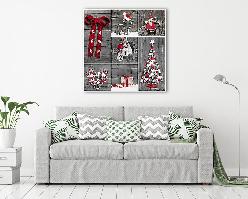 Karácsonyi díszítés vörös, fehér és szürke fa esetén (vászonkép) - vászonkép, falikép otthonra és irodába