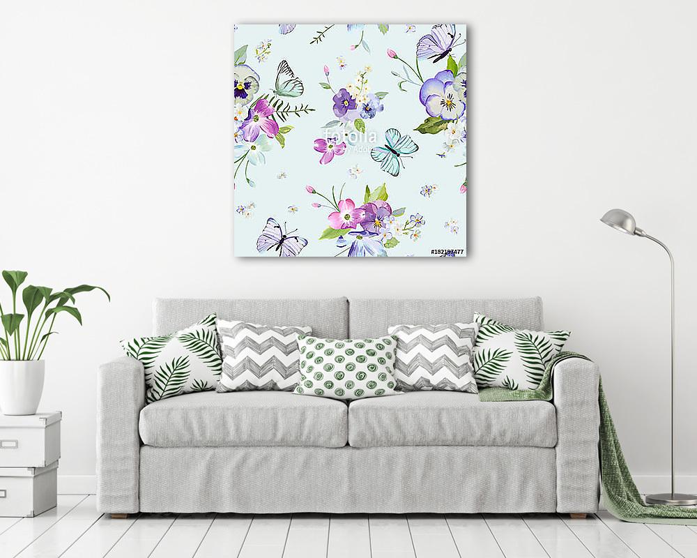 Virágok és lepkék kék háttérrel (vászonkép) - vászonkép, falikép otthonra és irodába