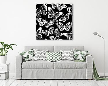 Pillangók fekete-fehér tapétaminta (vászonkép) - vászonkép, falikép otthonra és irodába