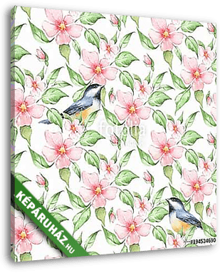 Spring flowers and birds. Hand drawn watercolor floral seamless  - vászonkép 3D látványterv