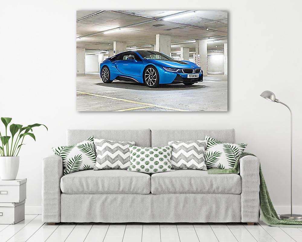 BMW i8 Blue Side Garage - vászonkép, falikép vásárlás BMW i8 Blue Side Garage (vászonkép) - vászonkép, falikép otthonra és irodába