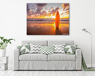 surfboard on the beach in sea shore at sunset time with beautiful light (vászonkép) - vászonkép, falikép otthonra és irodába