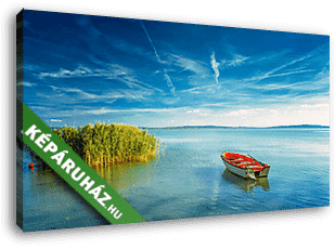 Balatoni tájkép piros csónakkal - vászonkép 3D látványterv