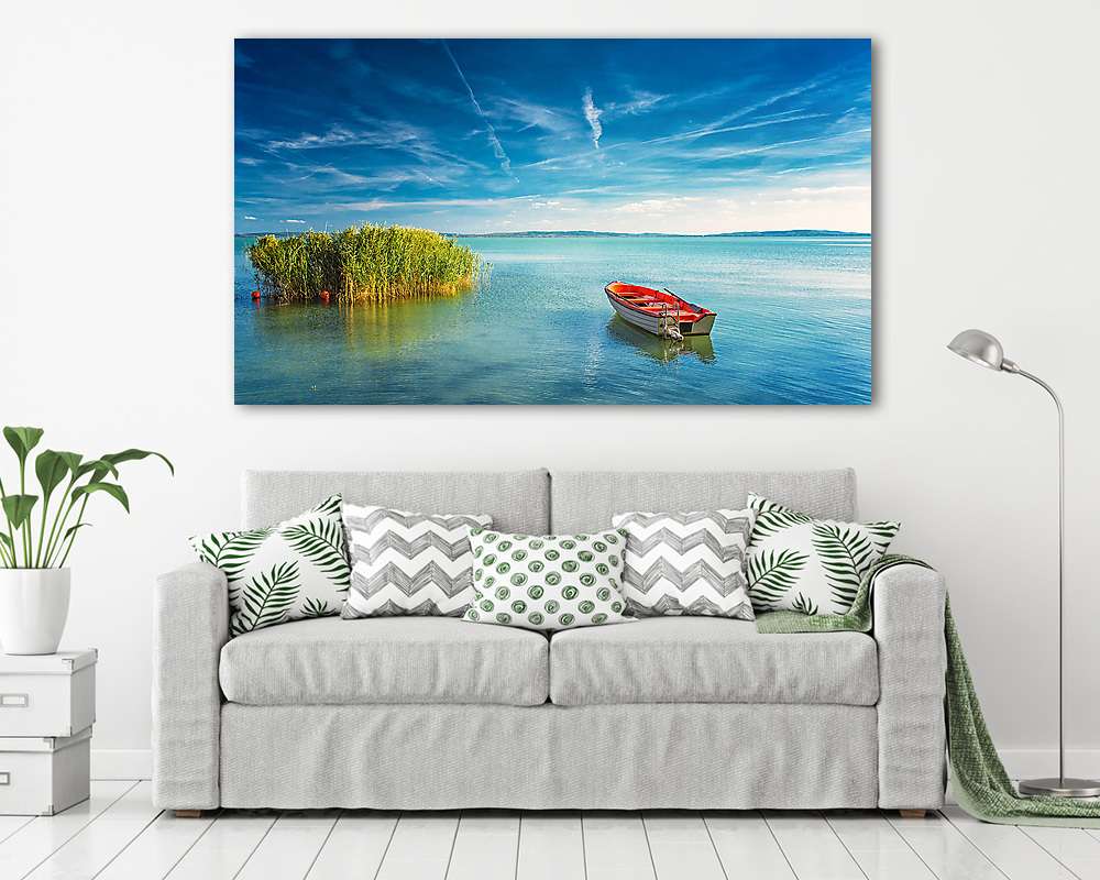 Balatoni tájkép piros csónakkal (vászonkép) - vászonkép, falikép otthonra és irodába