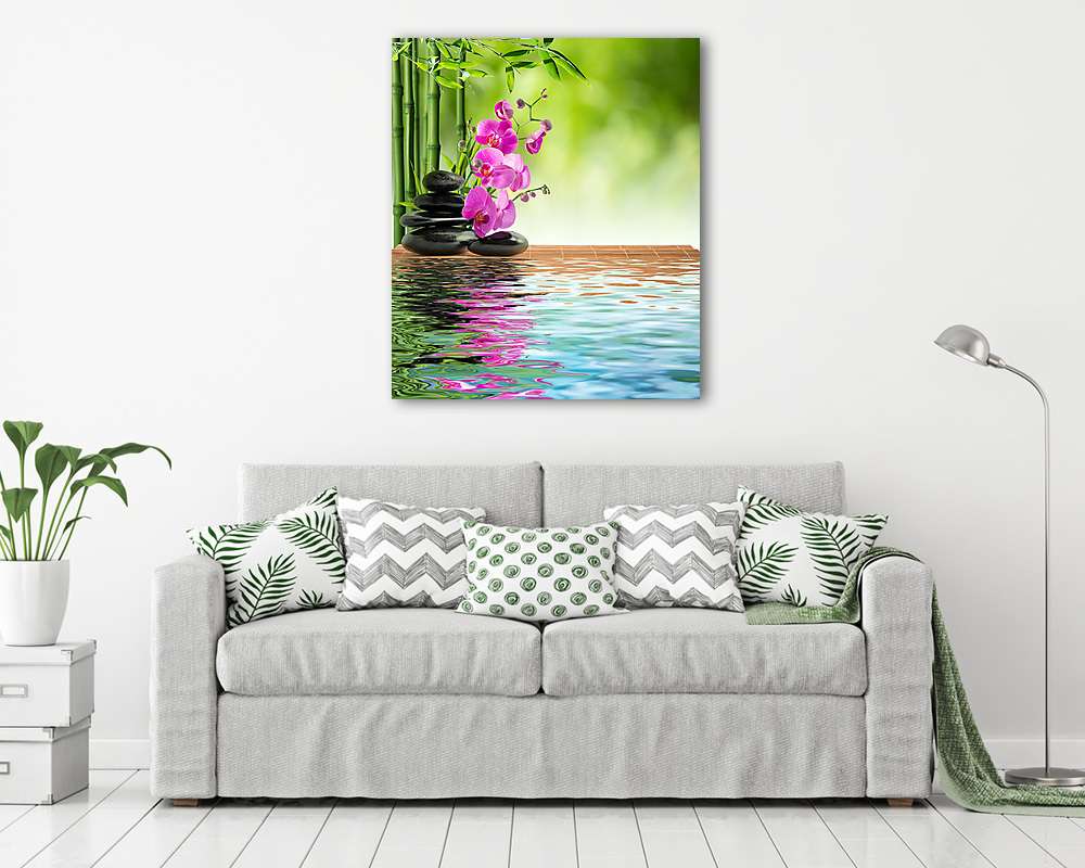rózsaszín orchidea fekete kõ és bambusz a vízen - vászonkép, falikép vásárlás rózsaszín orchidea fekete kõ és bambusz a vízen (bögre) - vászonkép, falikép otthonra és irodába