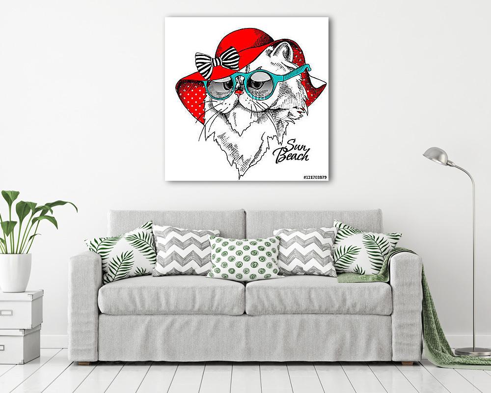 Portrait of Himalayan cat in a red Summer Sun Hat with glasses.  - vászonkép, falikép vásárlás Portrait of Himalayan cat in a red Summer Sun Hat with glasses.  (vászonkép) - vászonkép, falikép otthonra és irodába