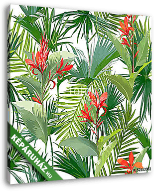Trópusi pálma levelek és virágok, dzsungel levelek zökkenőmentes - vászonkép 3D látványterv