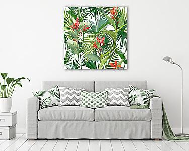Trópusi pálma levelek és virágok, dzsungel levelek zökkenőmentes (vászonkép) - vászonkép, falikép otthonra és irodába