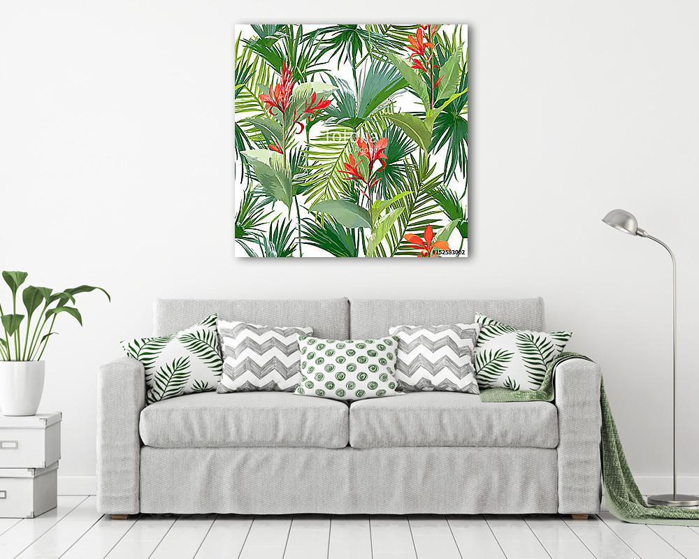 Trópusi pálma levelek és virágok, dzsungel levelek zökkenőmentes (keretezett kép) - vászonkép, falikép otthonra és irodába