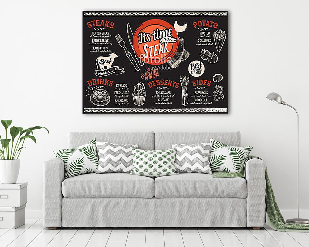 Steak menu restaurant, food template. (keretezett kép) - vászonkép, falikép otthonra és irodába
