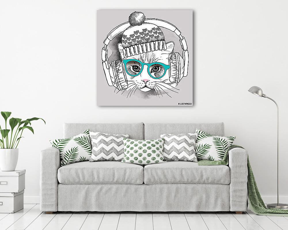 Image cat portrait in a hat and headphones. Vector illustration. (keretezett kép) - vászonkép, falikép otthonra és irodába