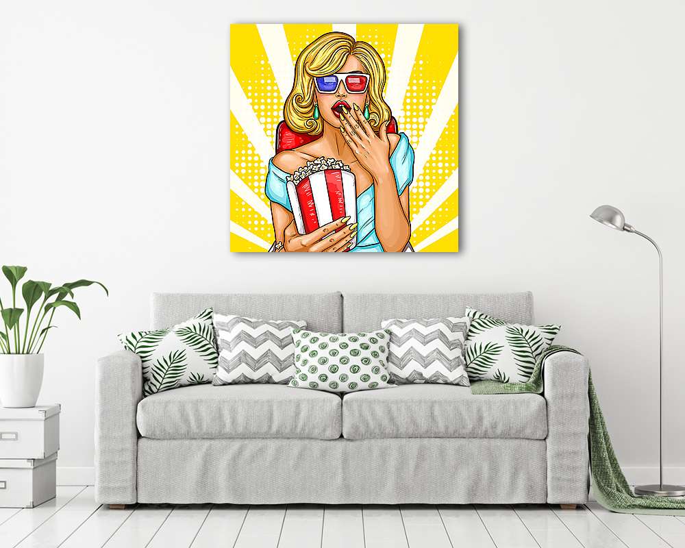 Vector pop art illustration of a excited blond woman sitting in the auditorium and watching a 3D movie. (vászonkép) - vászonkép, falikép otthonra és irodába