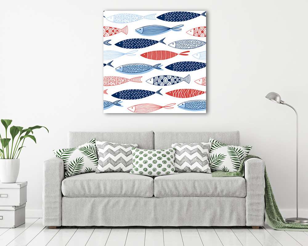 Kék-piros halak tapétaminta (keretezett kép) - vászonkép, falikép otthonra és irodába
