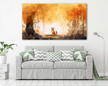 Róka ül az őszi erdőben (vizfesték hatású) (vászonkép) - vászonkép, falikép otthonra és irodába
