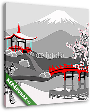 Japán tájkép Fuji-val. Vektor kézzel rajzolt illustratio - vászonkép 3D látványterv