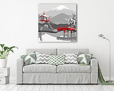 Japán tájkép Fuji-val. Vektor kézzel rajzolt illustratio (vászonkép) - vászonkép, falikép otthonra és irodába