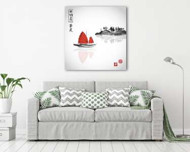 Siklóhajó piros vitorlákkal és hegyekkel a vízben fehér háttérvi (vászonkép) - vászonkép, falikép otthonra és irodába