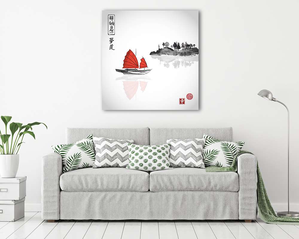 Siklóhajó piros vitorlákkal és hegyekkel a vízben fehér háttérvi (bögre) - vászonkép, falikép otthonra és irodába