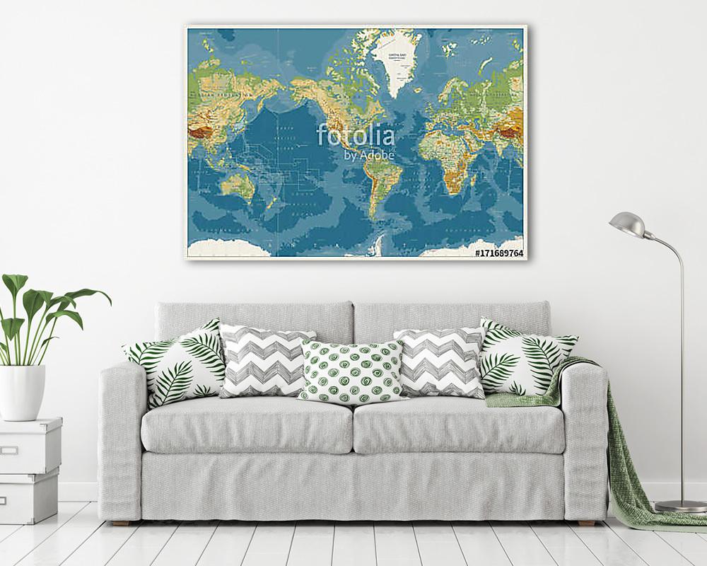 Világtérkép Amerikai központú fizikai térkép (vászonkép) - vászonkép, falikép otthonra és irodába