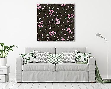 Spring floral seamless pattern with pink flowers on a dark backg (vászonkép) - vászonkép, falikép otthonra és irodába