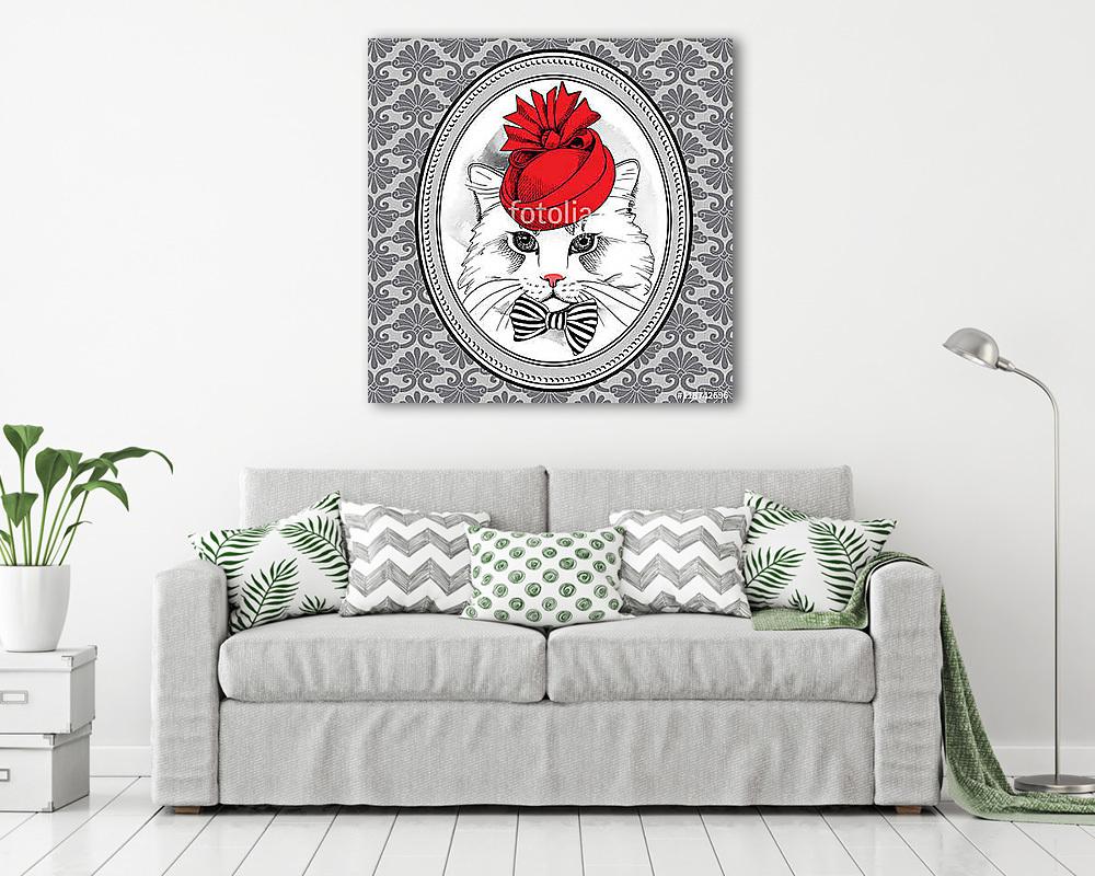 Picture in frame with portrait of a cat in red Elegant royal hat (keretezett kép) - vászonkép, falikép otthonra és irodába