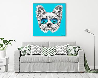 Portrait of Yorkshire Terrier Dog with mirror sunglasses. Hand d (vászonkép) - vászonkép, falikép otthonra és irodába