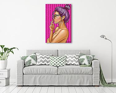 Vector pop art illustration of nude girl with closed eyes smoking cigarette. Sexy hipster woman in glasses on striped pink backg (vászonkép) - vászonkép, falikép otthonra és irodába