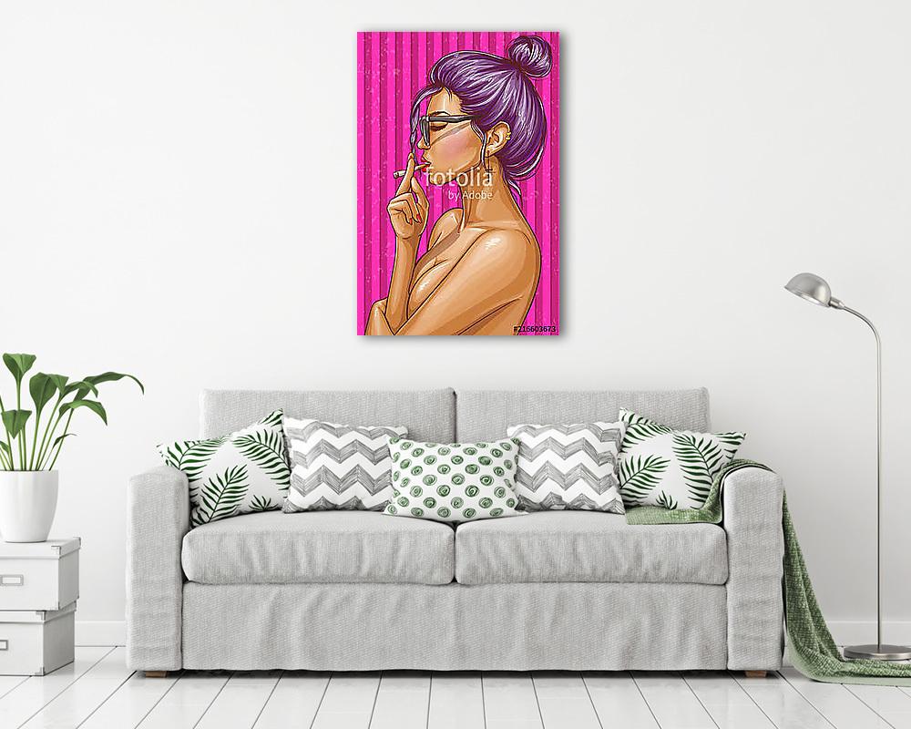 Vector pop art illustration of nude girl with closed eyes smoking cigarette. Sexy hipster woman in glasses on striped pink backg (vászonkép) - vászonkép, falikép otthonra és irodába