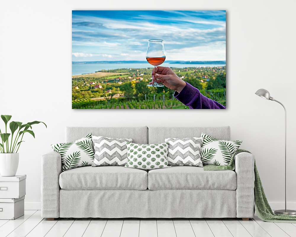 Balatoni látkép, egy pohár borral  (többrészes kép) - vászonkép, falikép otthonra és irodába