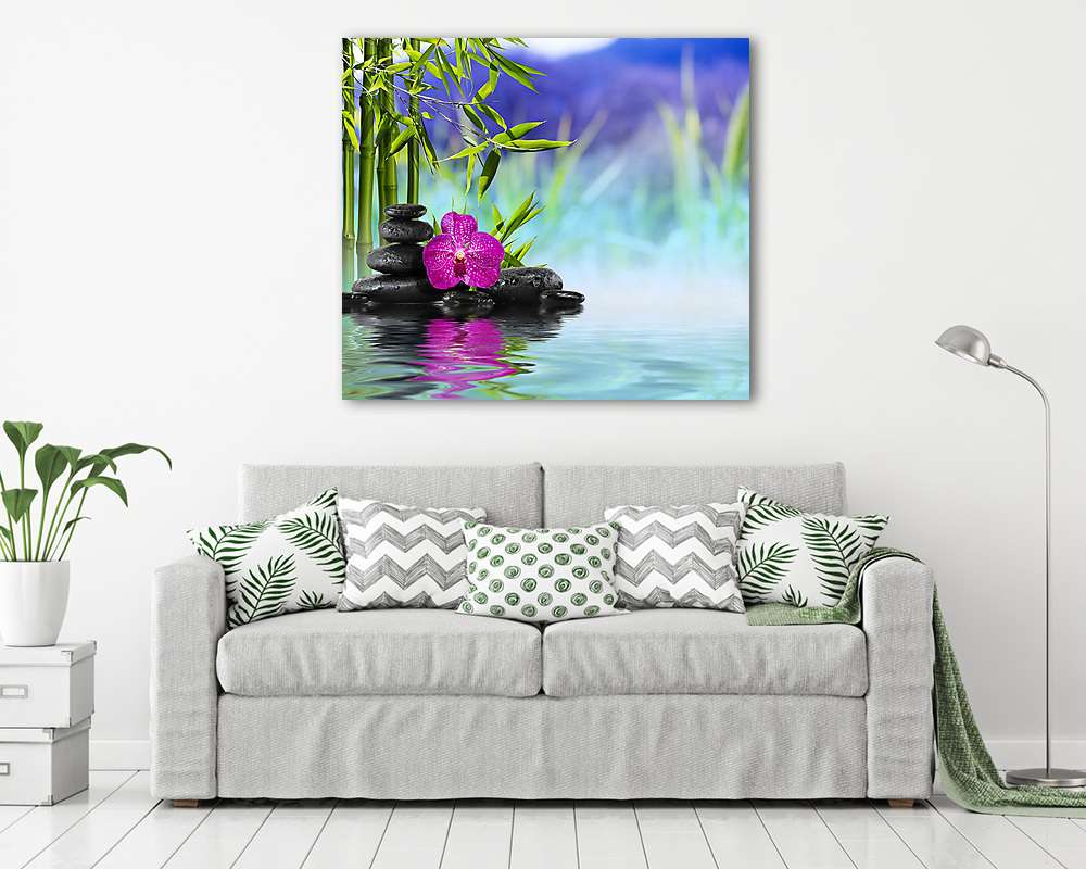 Purple Orchid, Stones és Bambusz a vízen - vászonkép, falikép vásárlás Purple Orchid, Stones és Bambusz a vízen (vászonkép) - vászonkép, falikép otthonra és irodába