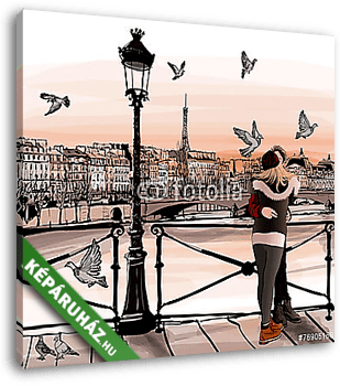 Fiatal pár szerelmes a Pont des Arts-ben Párizsban - vászonkép 3D látványterv